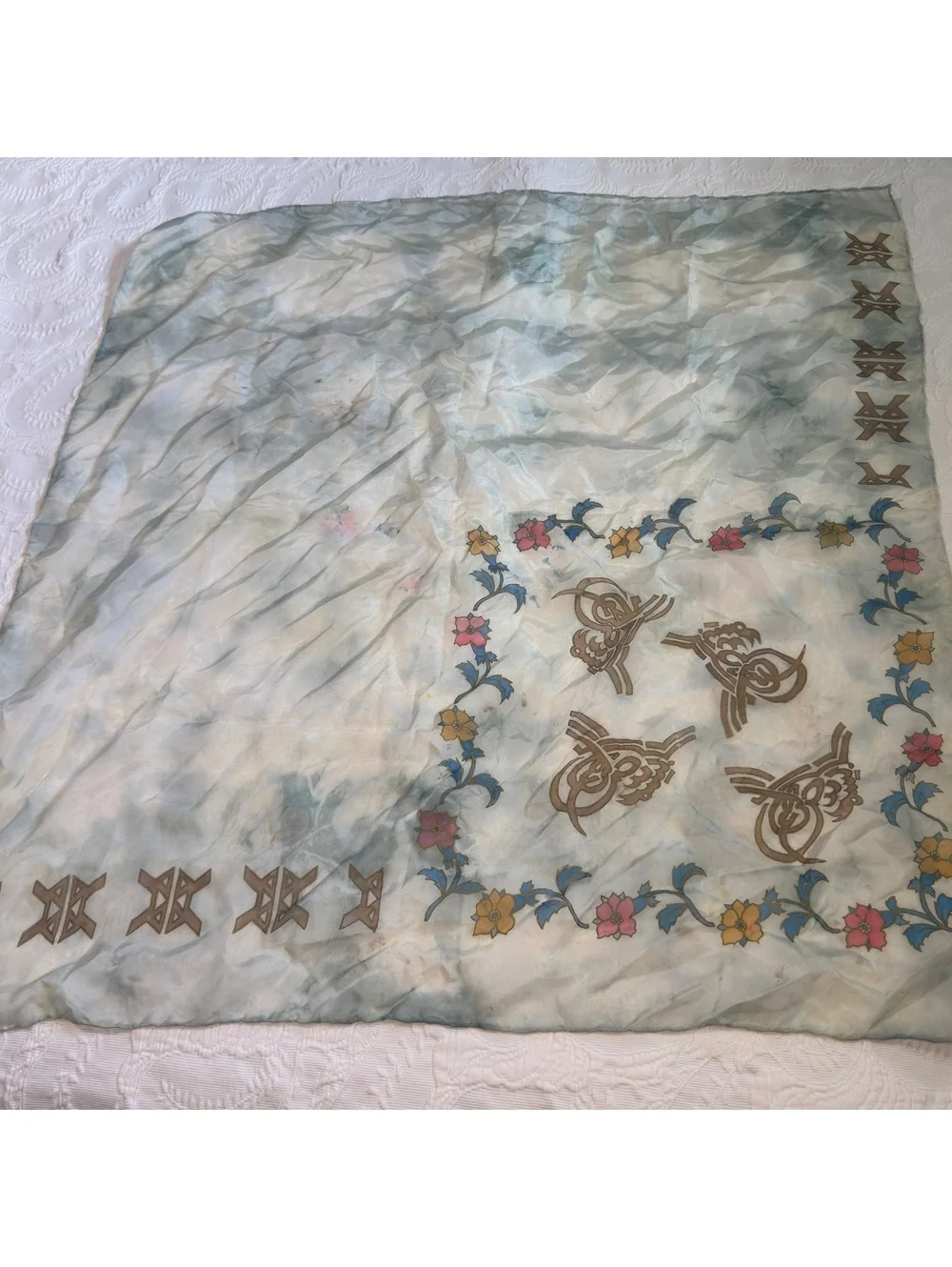 Vintage Silk Scarf 34x34 Hand Painted Style Floral Bird Motif Square Scarf